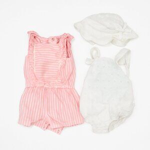 3 Piece - 6 Months Pink White Summer Spring Outfits With Matching Hat Lot